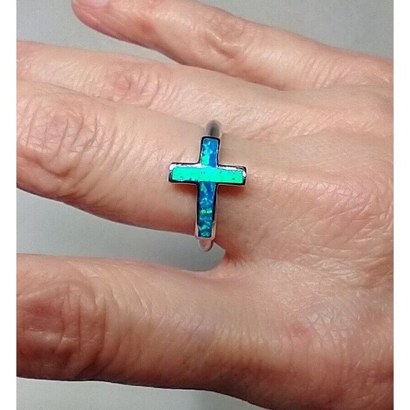 Opal Inlay Cross Ring 925 Size 8 - Picture 2 of 7